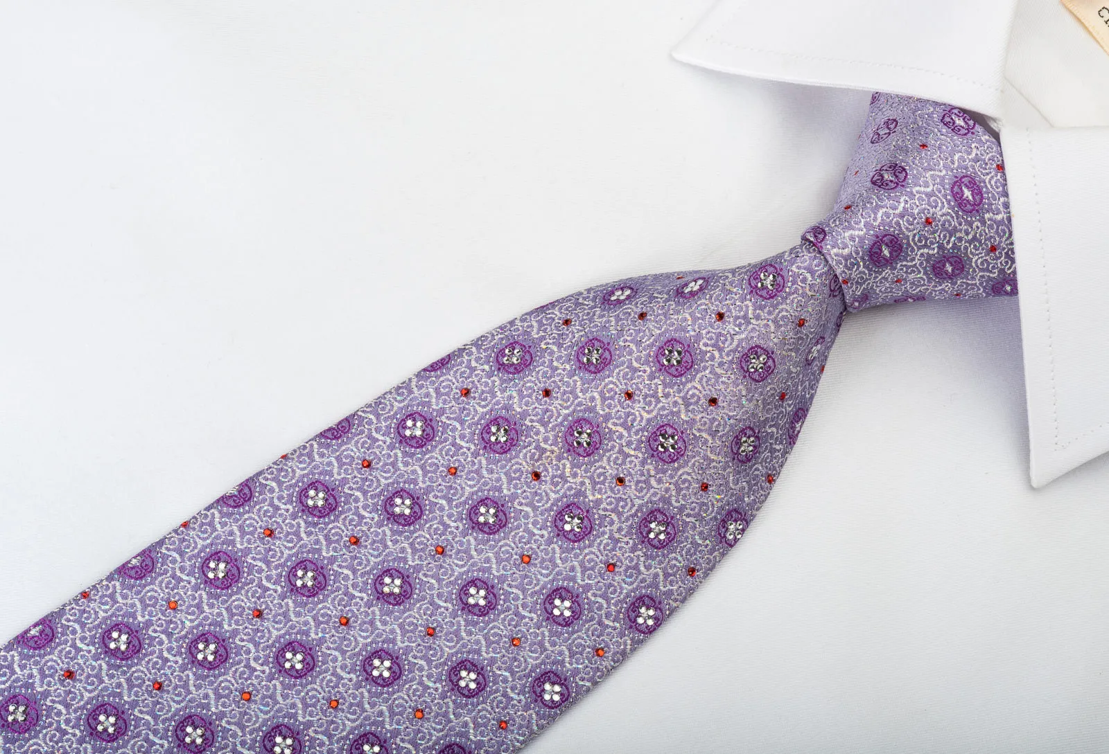 Mila Schon Silk Rhinestone Tie Silver Cartouche On Mauve With Silver Sparkles
