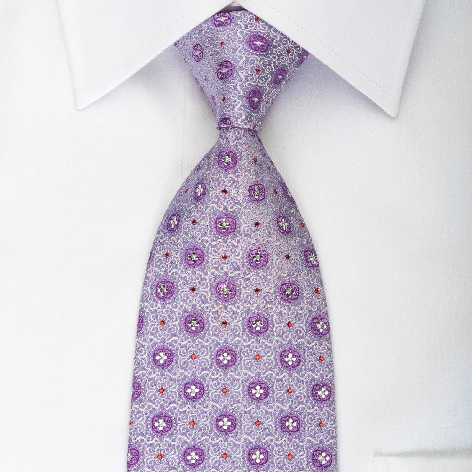 Mila Schon Silk Rhinestone Tie Silver Cartouche On Mauve With Silver Sparkles