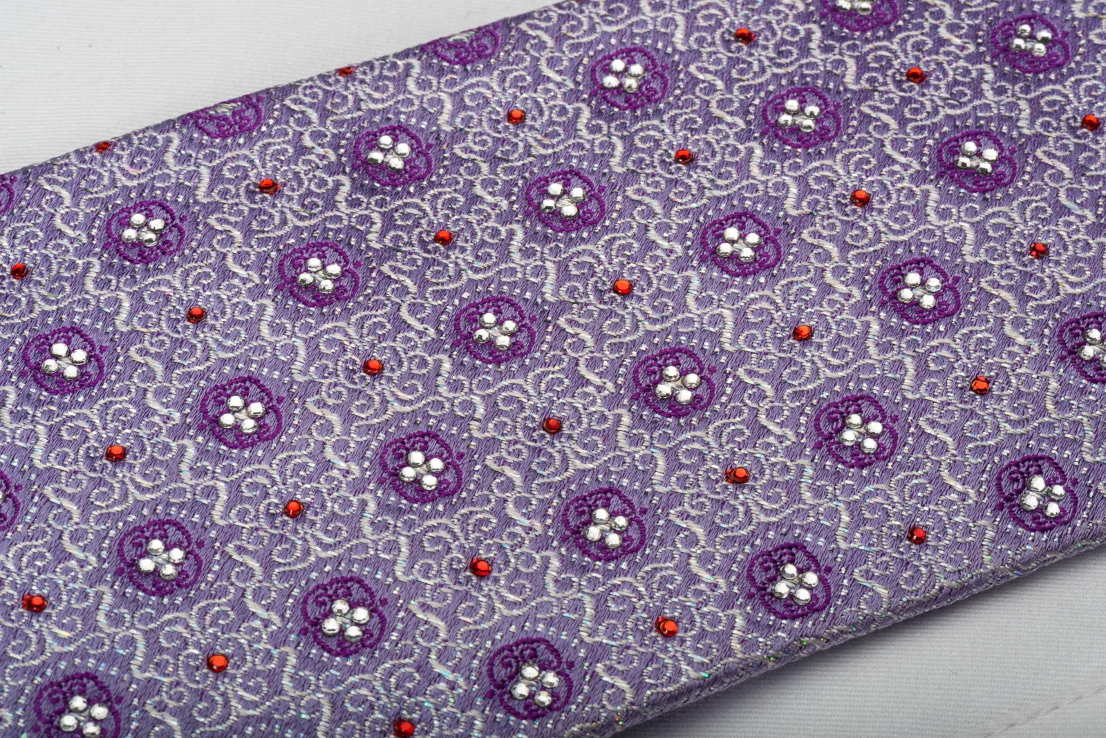 Mila Schon Silk Rhinestone Tie Silver Cartouche On Mauve With Silver Sparkles