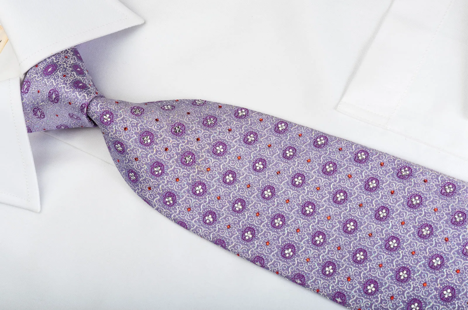 Mila Schon Silk Rhinestone Tie Silver Cartouche On Mauve With Silver Sparkles
