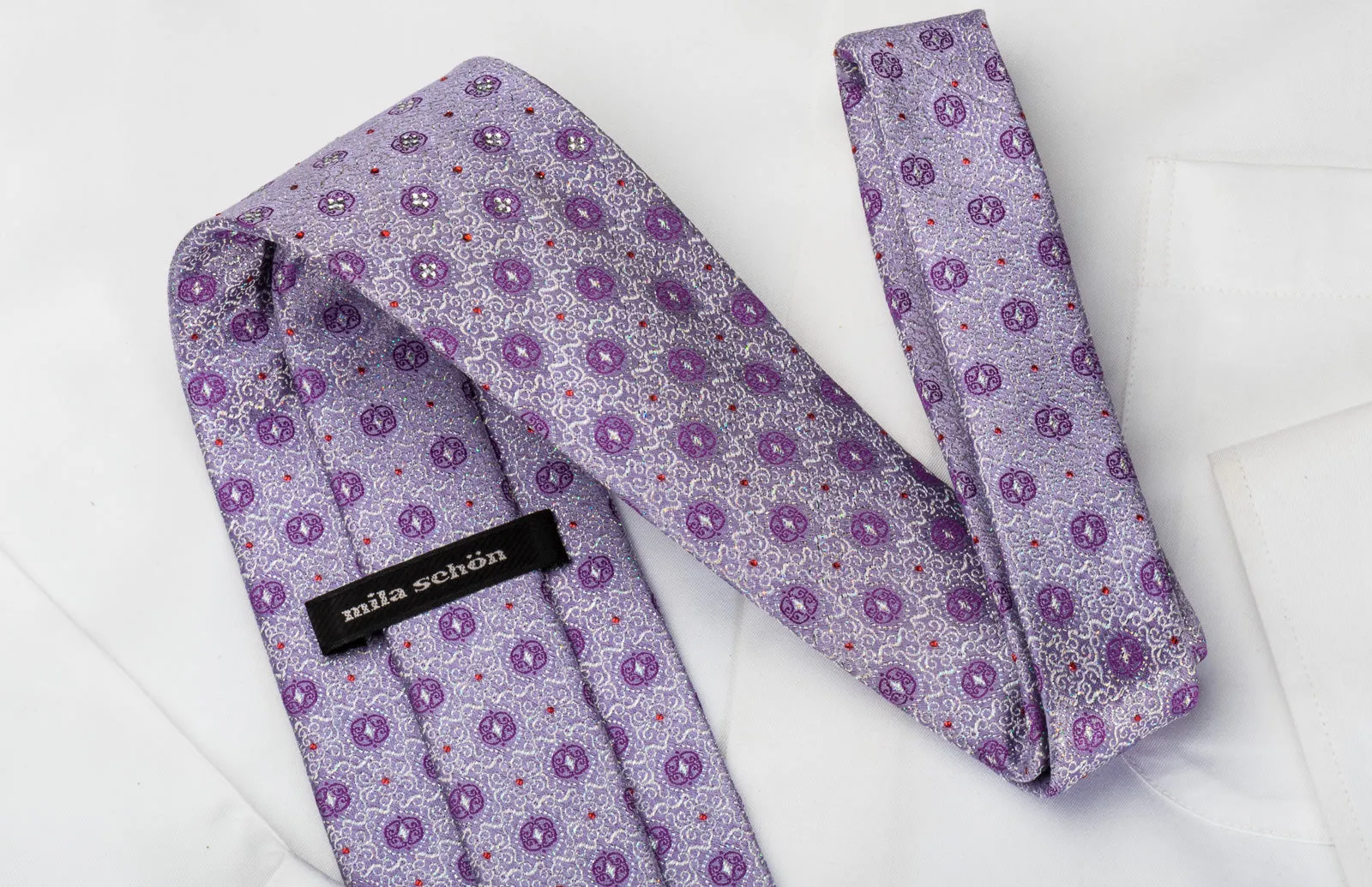 Mila Schon Silk Rhinestone Tie Silver Cartouche On Mauve With Silver Sparkles