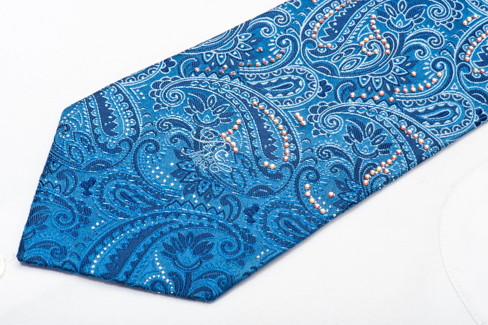 Nina Ricci Men's Silk Necktie Paisley On Blue Sparkling With Rhinestones