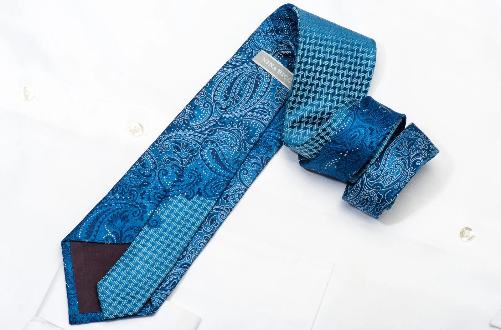 Nina Ricci Men's Silk Necktie Paisley On Blue Sparkling With Rhinestones