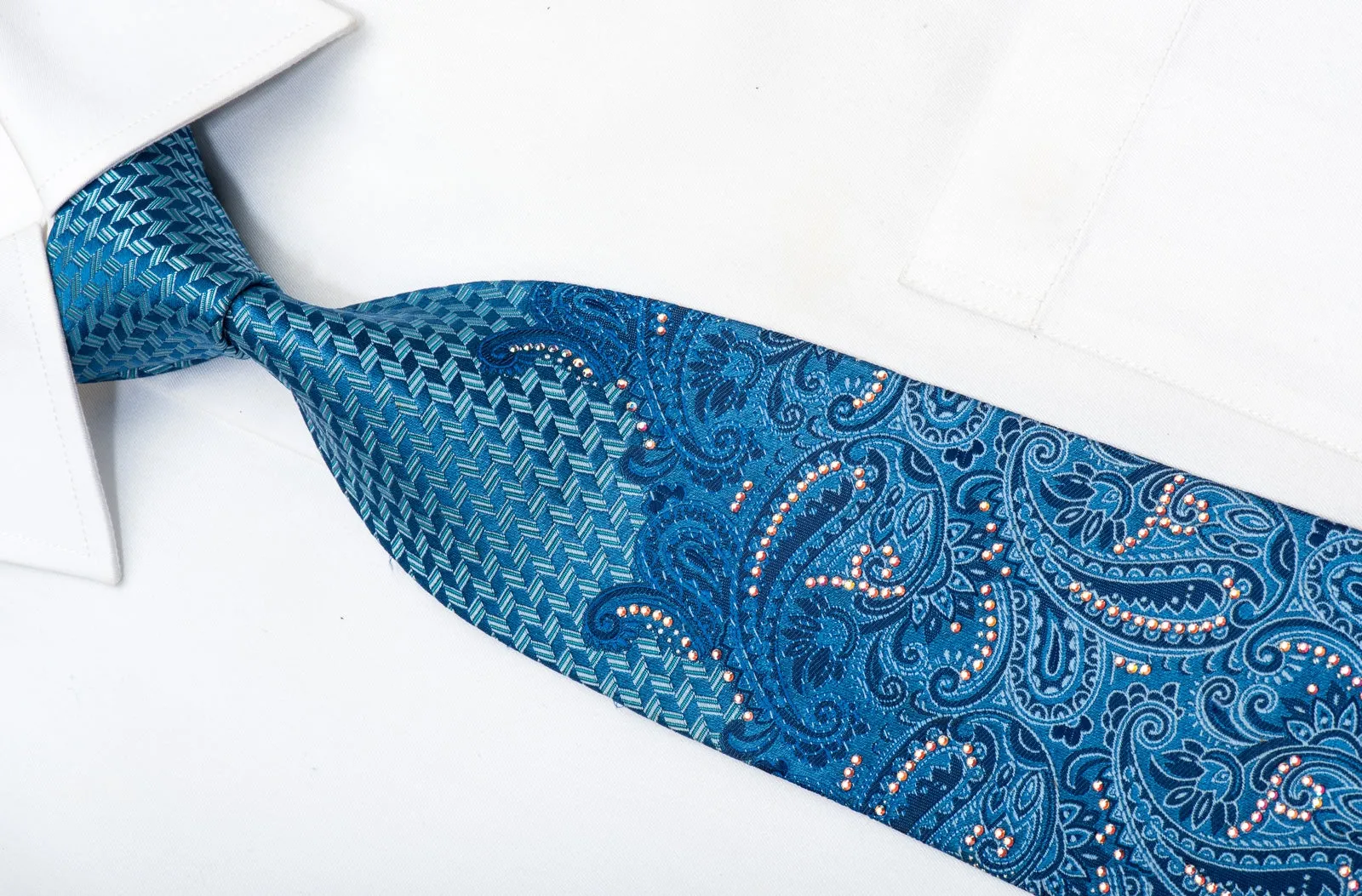 Nina Ricci Men's Silk Necktie Paisley On Blue Sparkling With Rhinestones