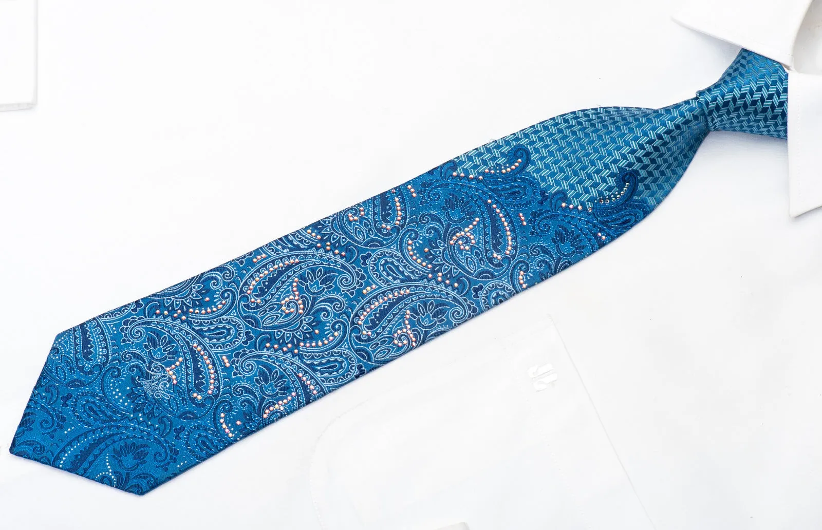 Nina Ricci Men's Silk Necktie Paisley On Blue Sparkling With Rhinestones