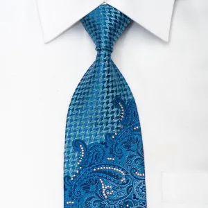 Nina Ricci Men's Silk Necktie Paisley On Blue Sparkling With Rhinestones