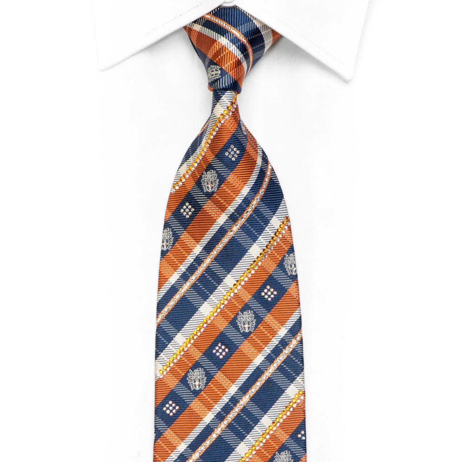 Orange Blue White Plaid Rhinestone Silk Necktie With Orange Sparkles