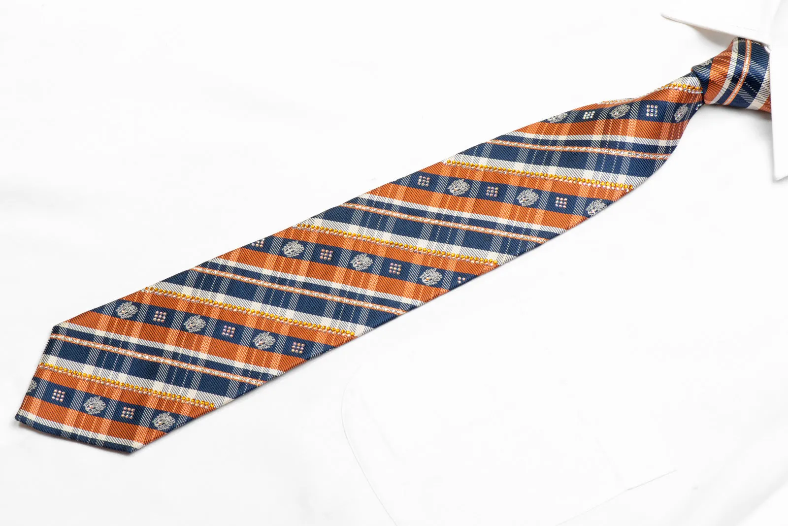 Orange Blue White Plaid Rhinestone Silk Necktie With Orange Sparkles