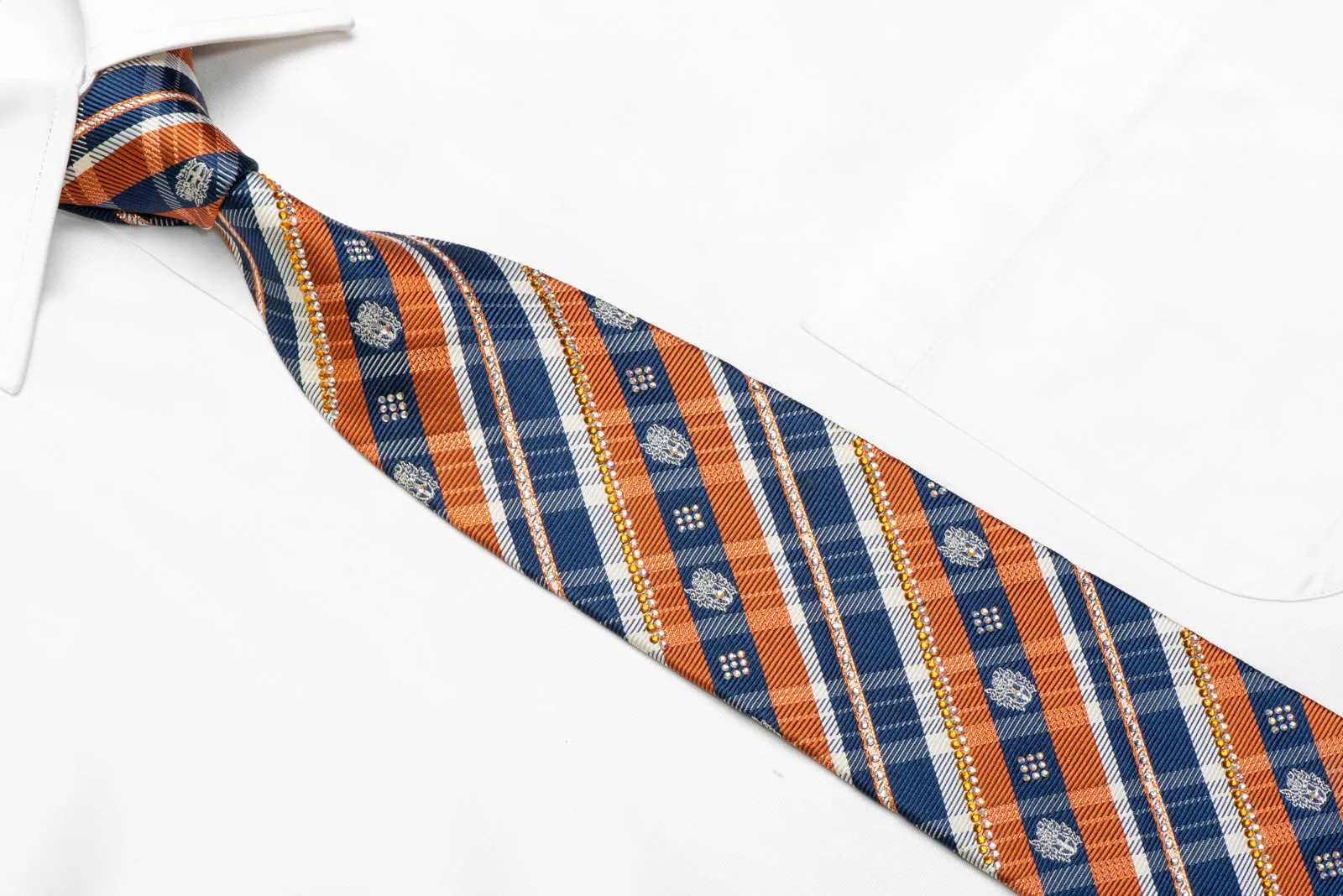 Orange Blue White Plaid Rhinestone Silk Necktie With Orange Sparkles