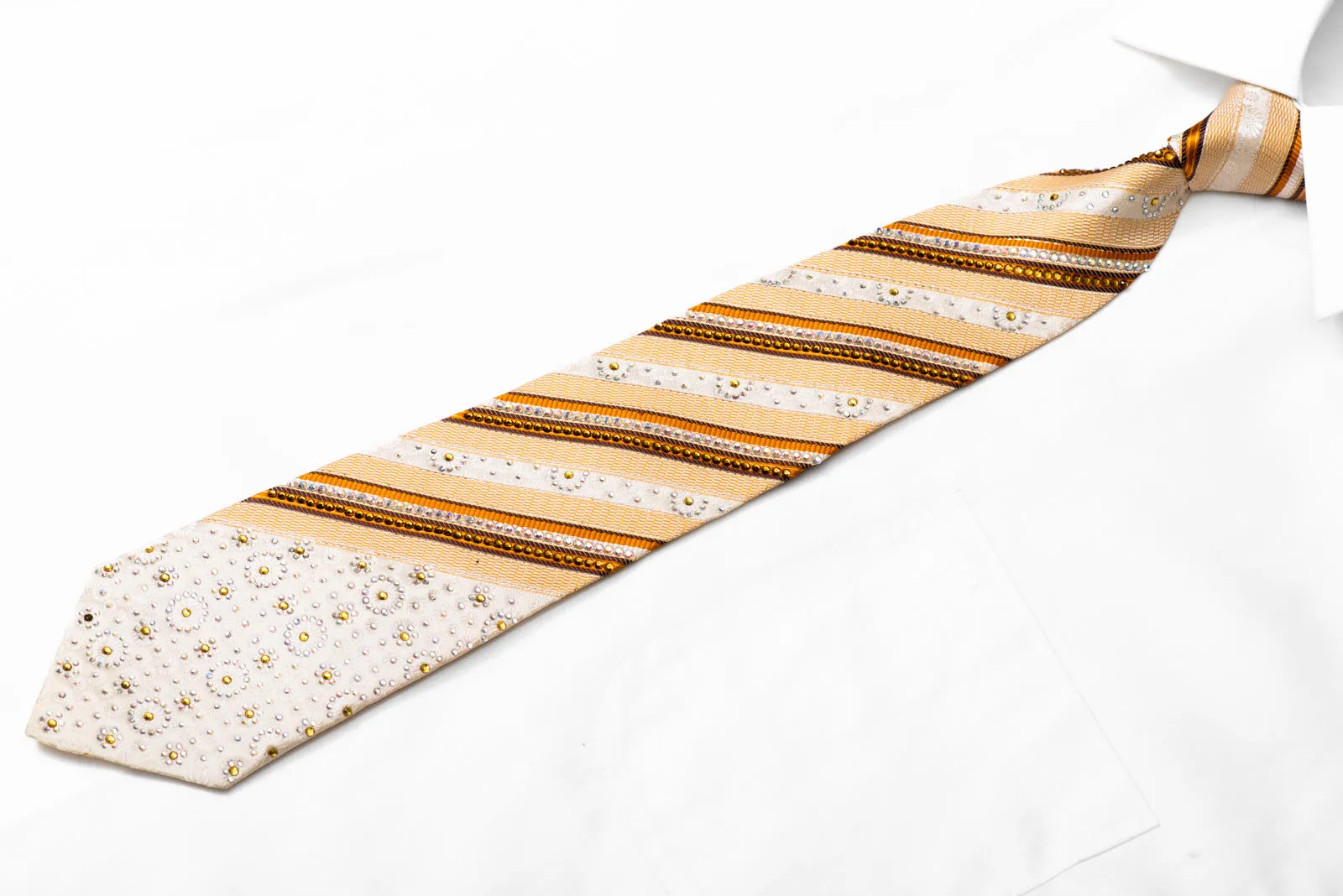 Orange Brown Striped On Cream Rhinestone Silk Necktie With Sparkles