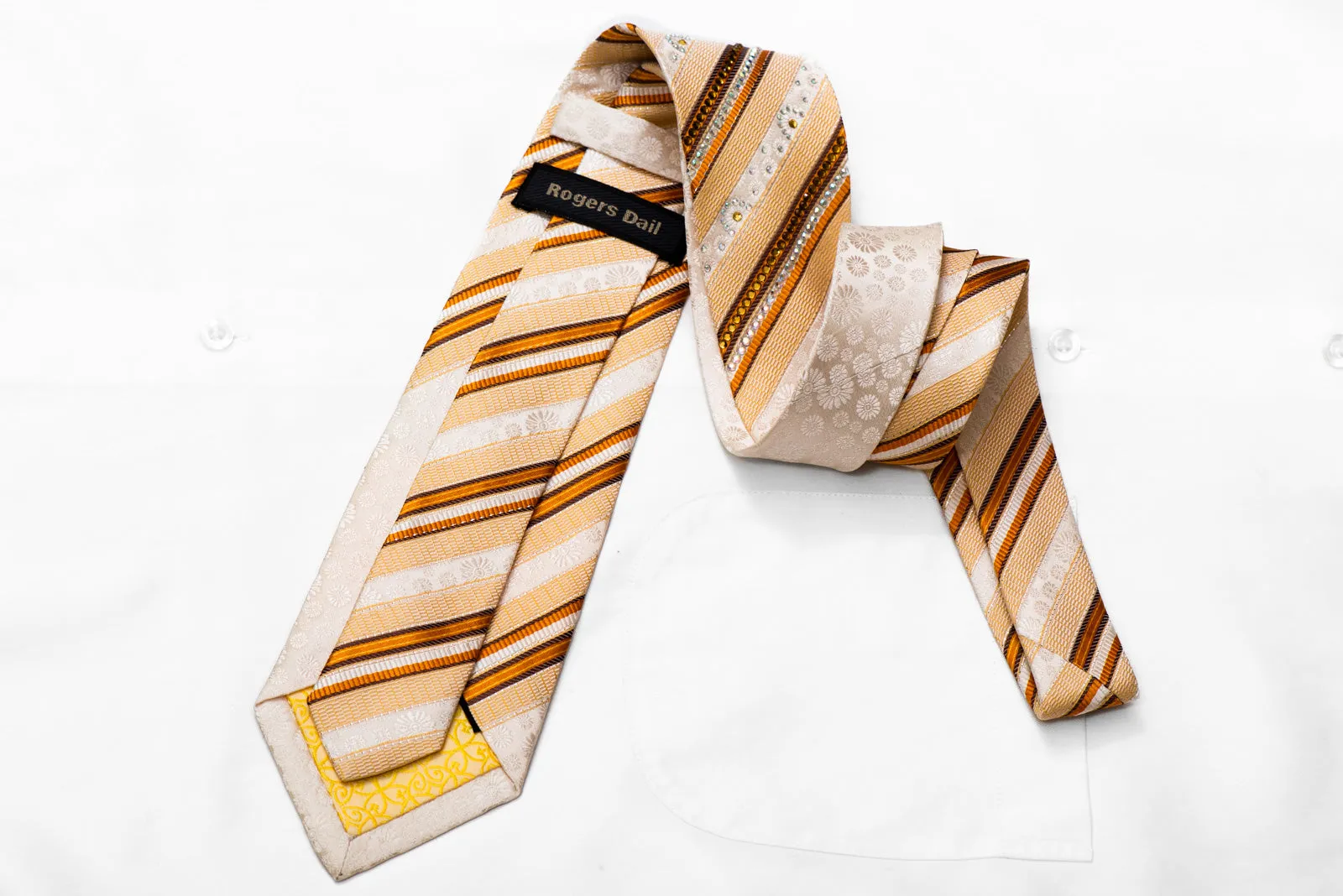 Orange Brown Striped On Cream Rhinestone Silk Necktie With Sparkles