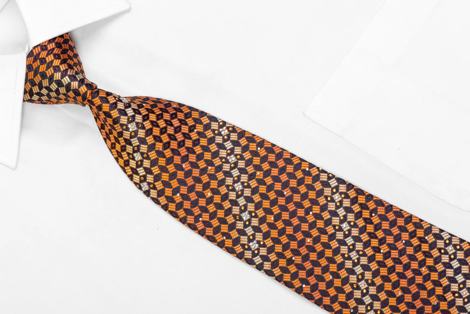 Orange Navy Geometric  Rhinestone Silk Necktie With Blue Sparkles