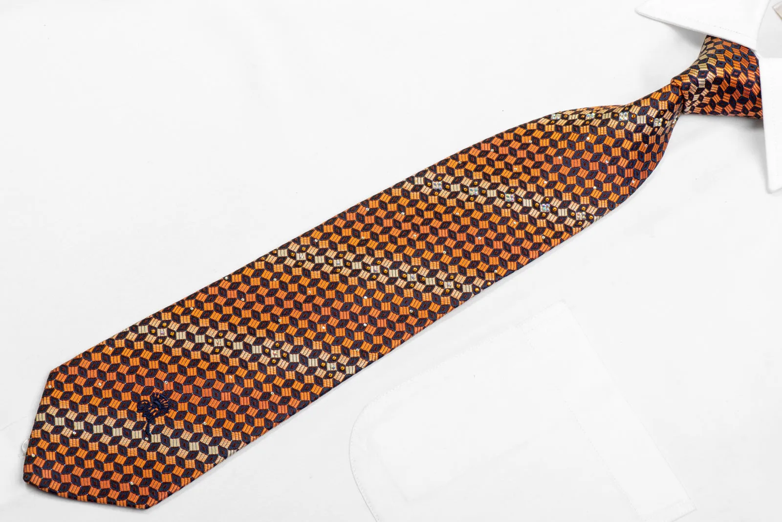Orange Navy Geometric  Rhinestone Silk Necktie With Blue Sparkles