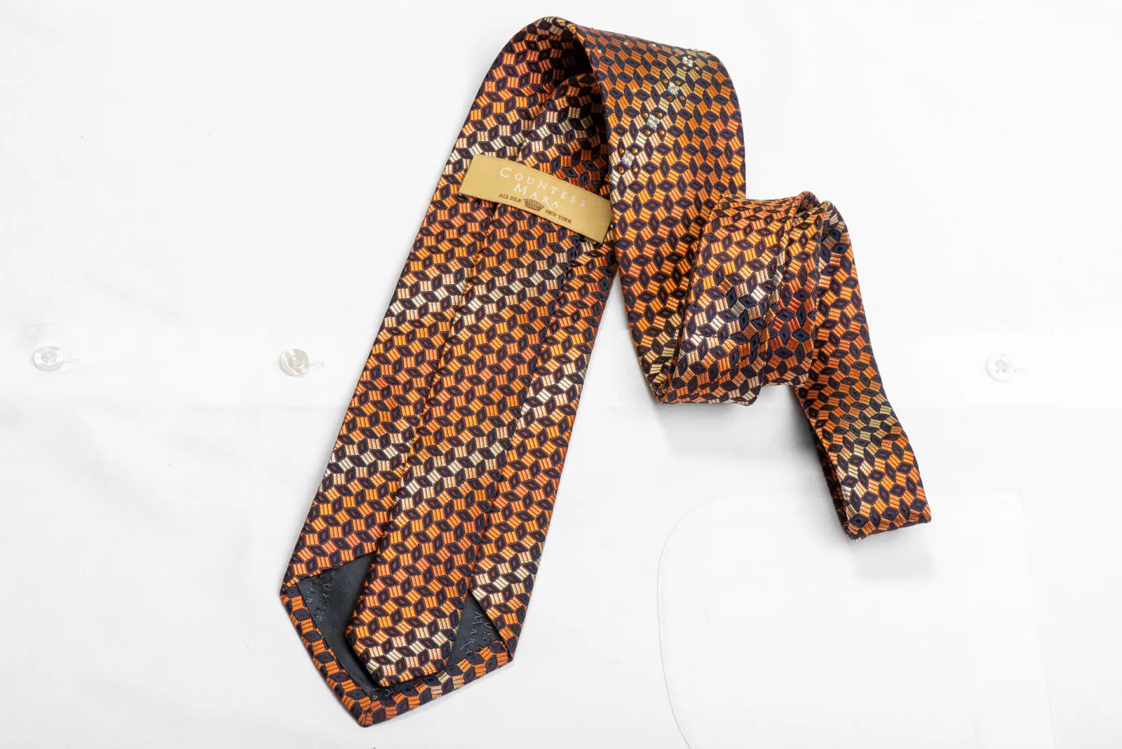 Orange Navy Geometric  Rhinestone Silk Necktie With Blue Sparkles