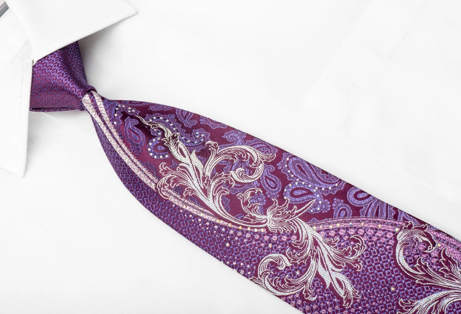 Paco Rabanne Mens Silk Crystal Tie Silver Acanthus Paisley On Purple With Silver Sparkles