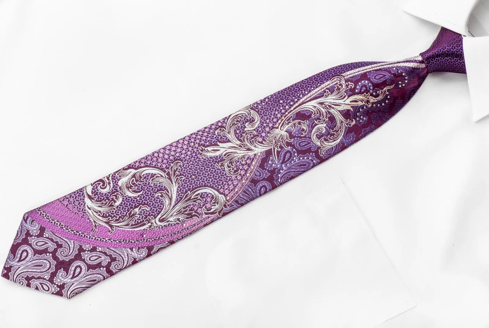Paco Rabanne Mens Silk Crystal Tie Silver Acanthus Paisley On Purple With Silver Sparkles