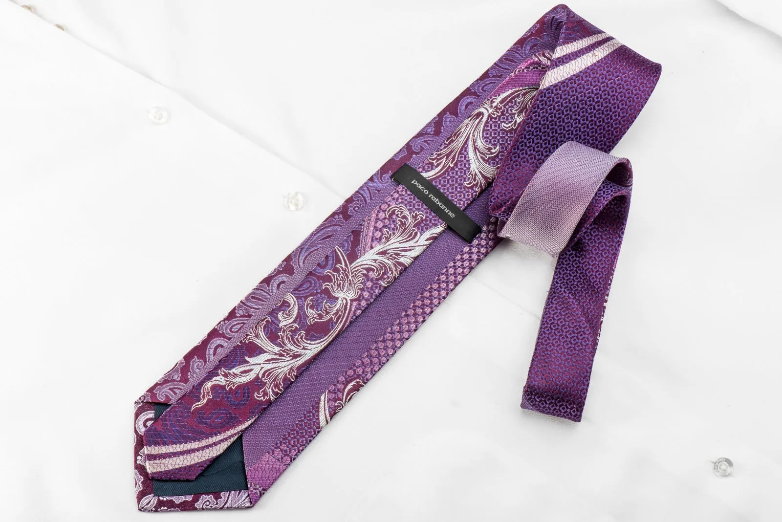 Paco Rabanne Mens Silk Crystal Tie Silver Acanthus Paisley On Purple With Silver Sparkles