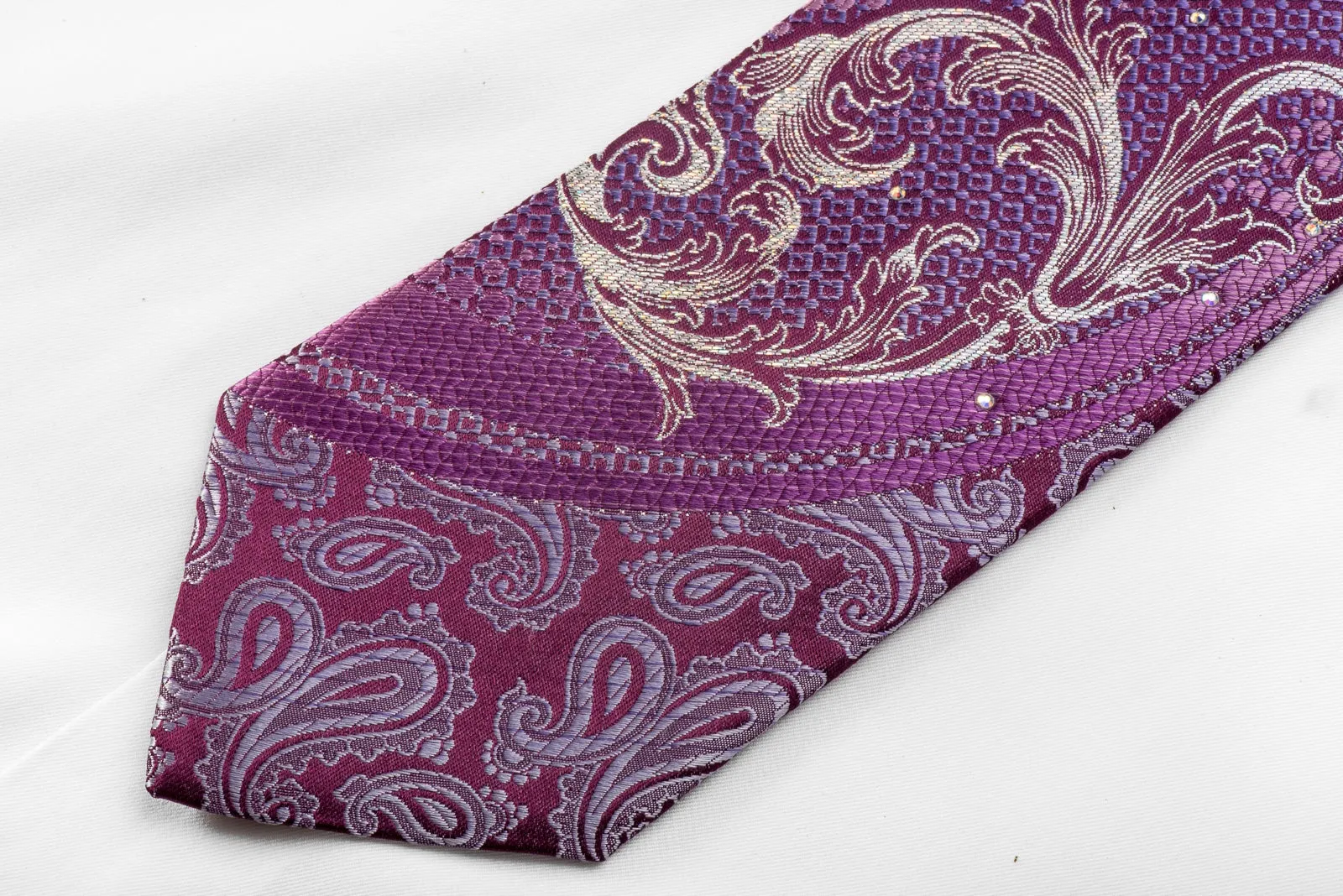 Paco Rabanne Mens Silk Crystal Tie Silver Acanthus Paisley On Purple With Silver Sparkles