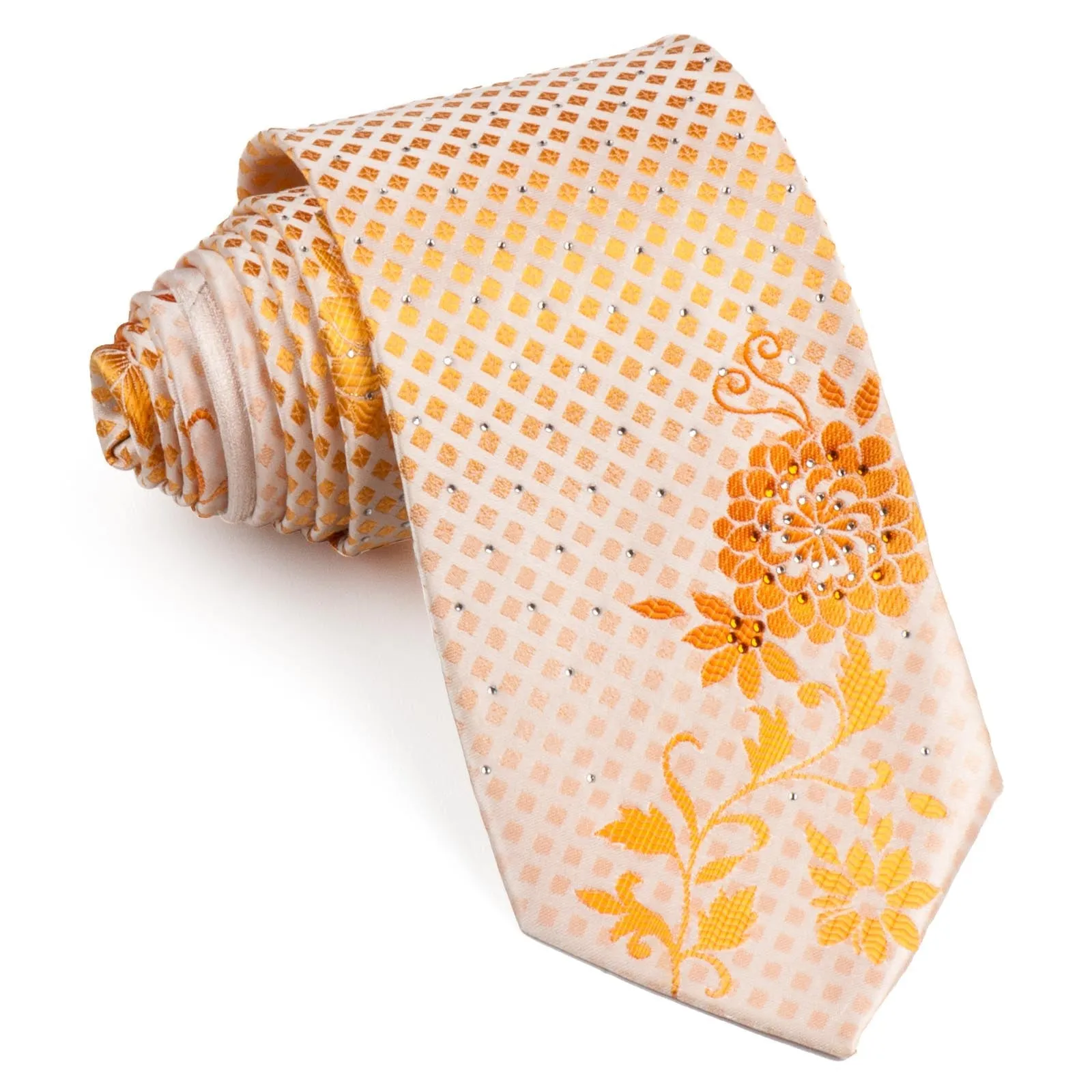 Perry Ellis Men's Woven Rhinestone Silk Neck Tie Peach Orange Floral & Diamonds