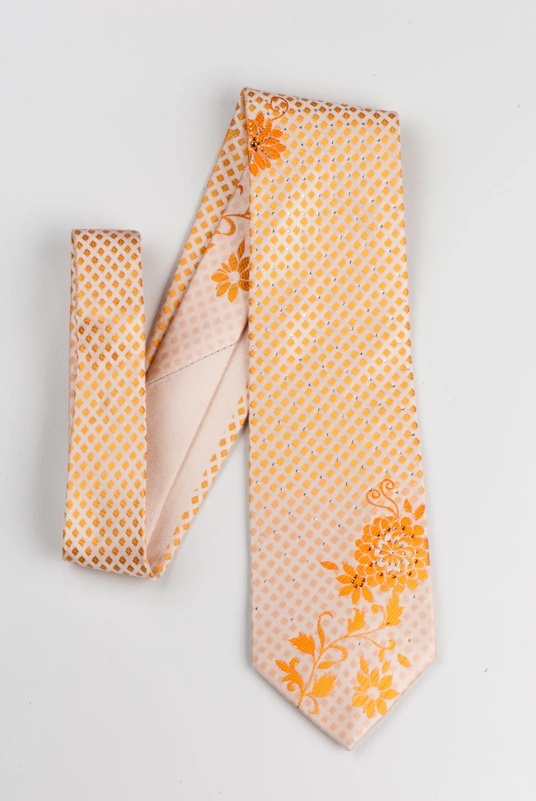 Perry Ellis Men's Woven Rhinestone Silk Neck Tie Peach Orange Floral & Diamonds