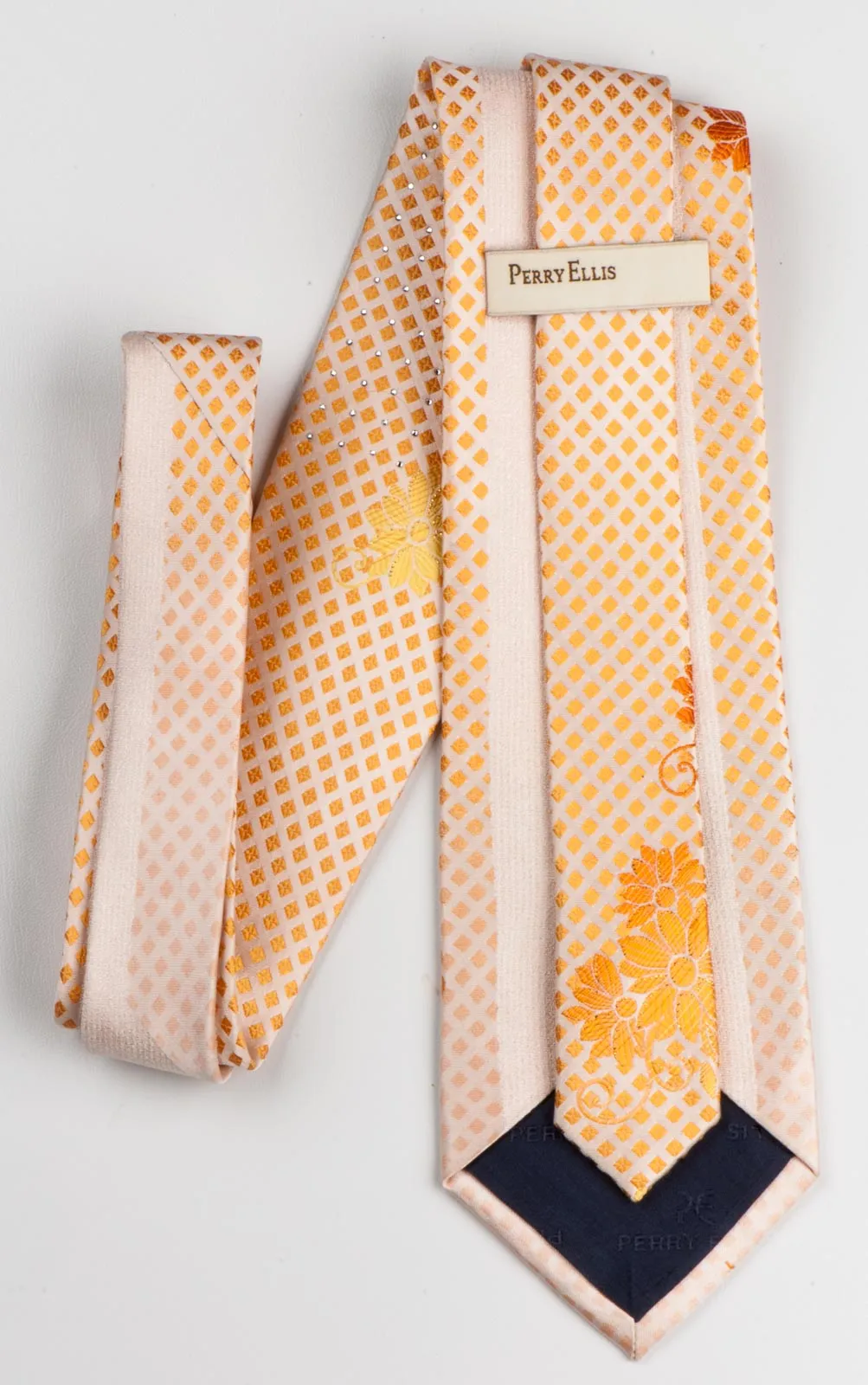 Perry Ellis Men's Woven Rhinestone Silk Neck Tie Peach Orange Floral & Diamonds