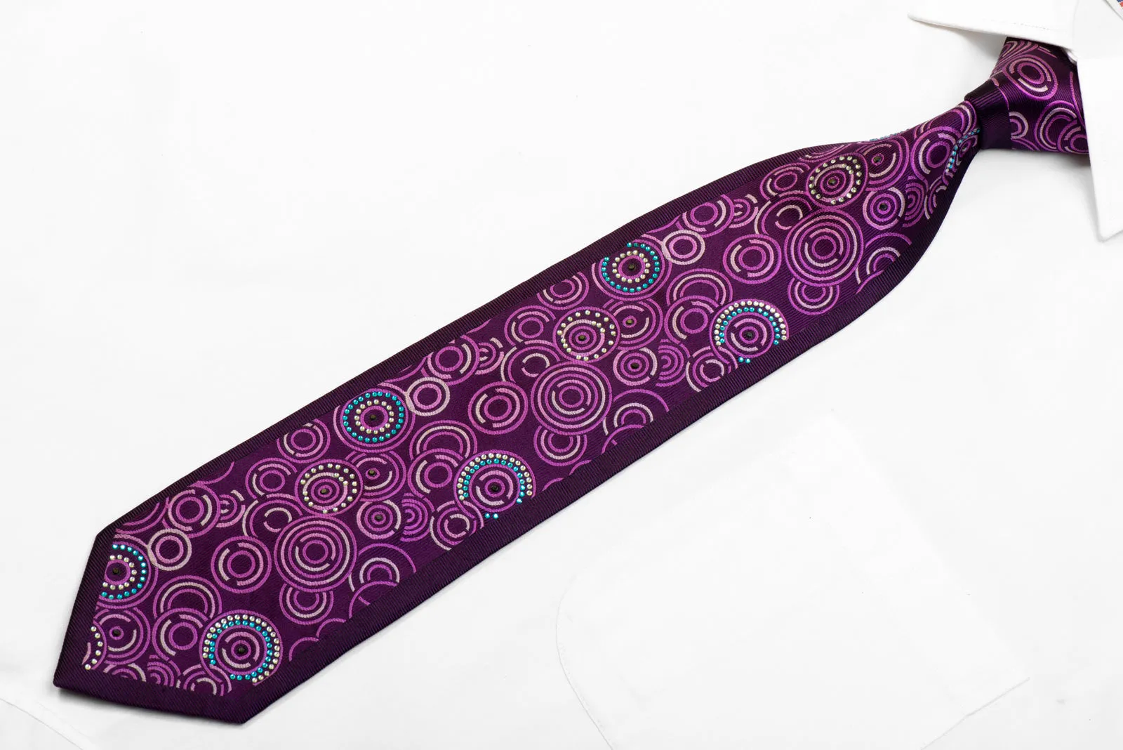 Pierre Balmain Rhinestone Silk Tie Geometric Circles On Purple