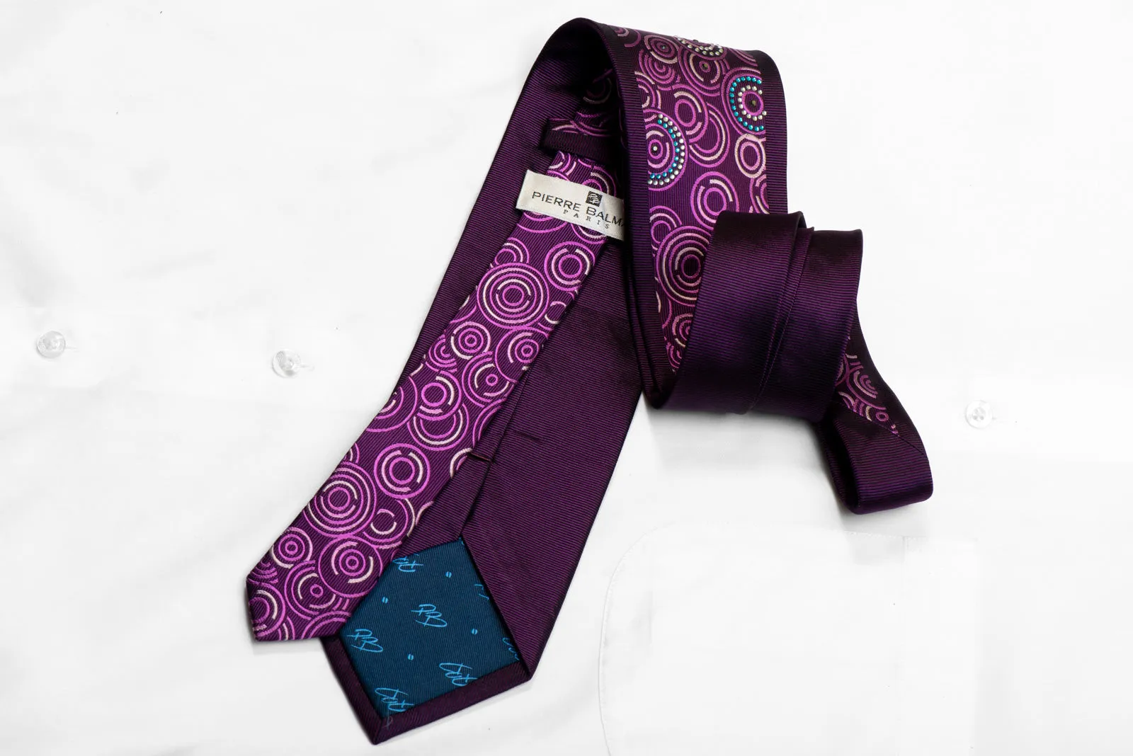 Pierre Balmain Rhinestone Silk Tie Geometric Circles On Purple