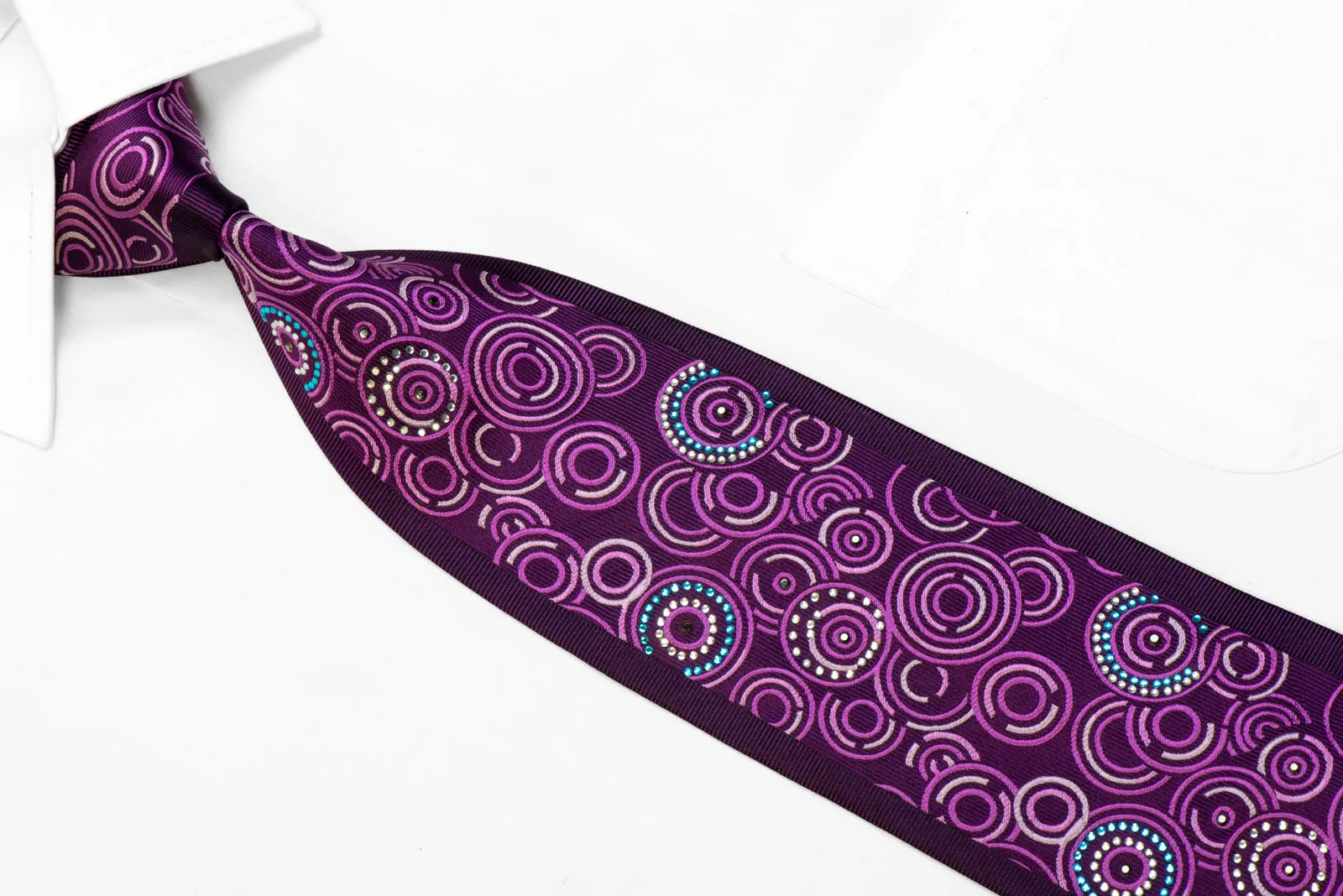 Pierre Balmain Rhinestone Silk Tie Geometric Circles On Purple