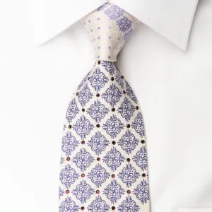 Pierre Balmain Silk Tie Purple Cartouche On White With Rhinestones Purple Silver Sparkles