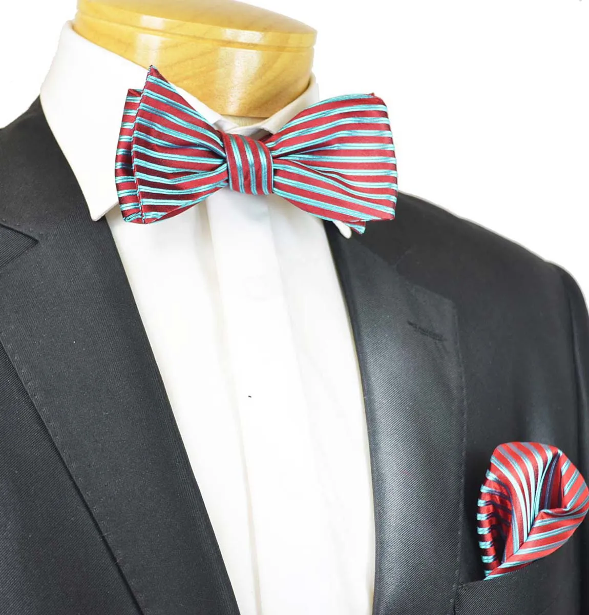 Red and Aqua Blue Striped Silk Bow Tie Set