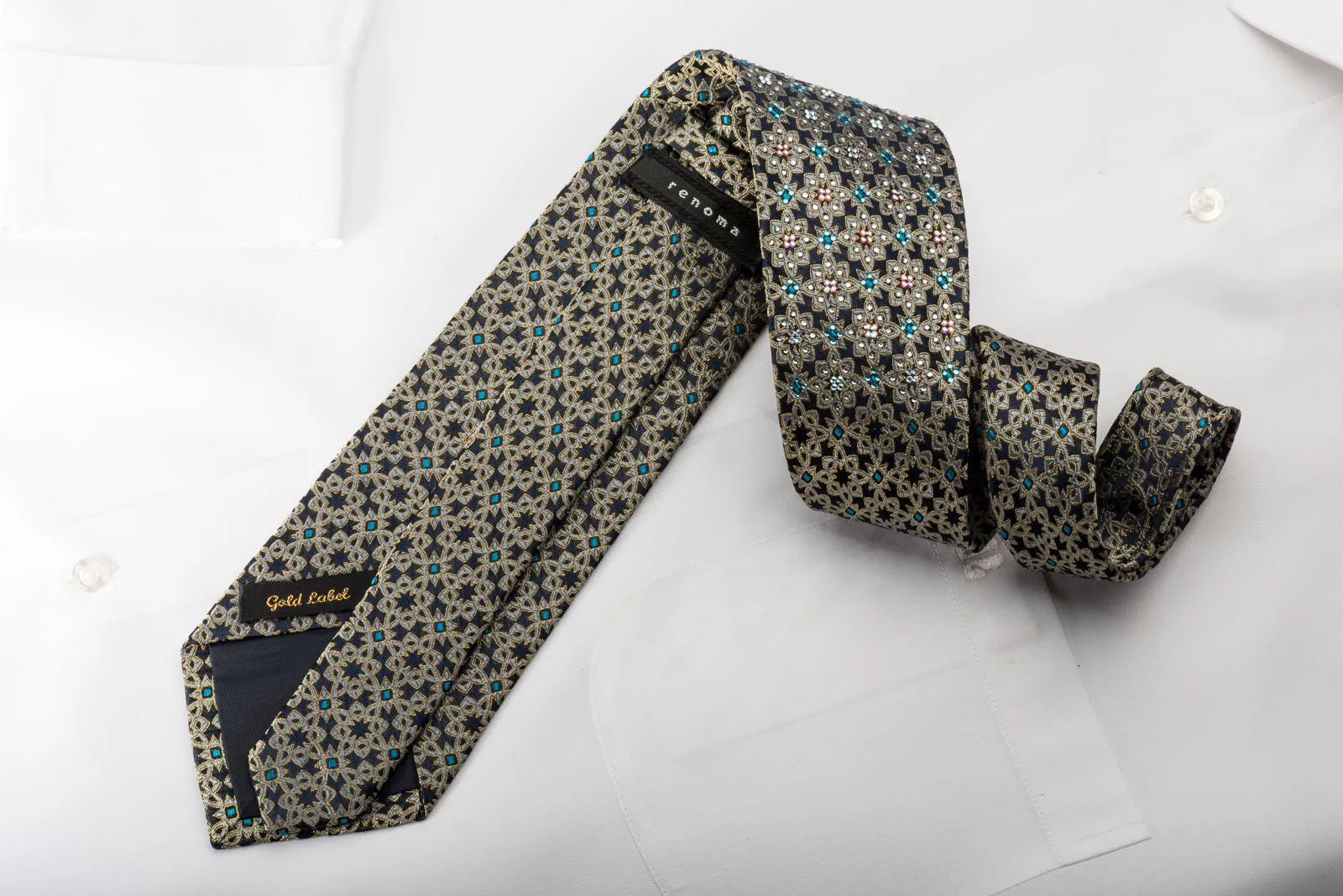 Renoma Rhinestone Silk Necktie Silver Arabesque On Navy With Gold Sparkles