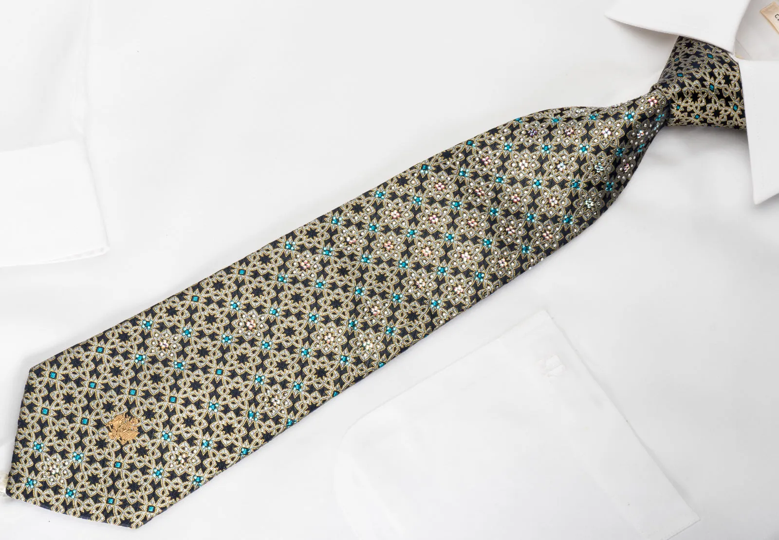 Renoma Rhinestone Silk Necktie Silver Arabesque On Navy With Gold Sparkles