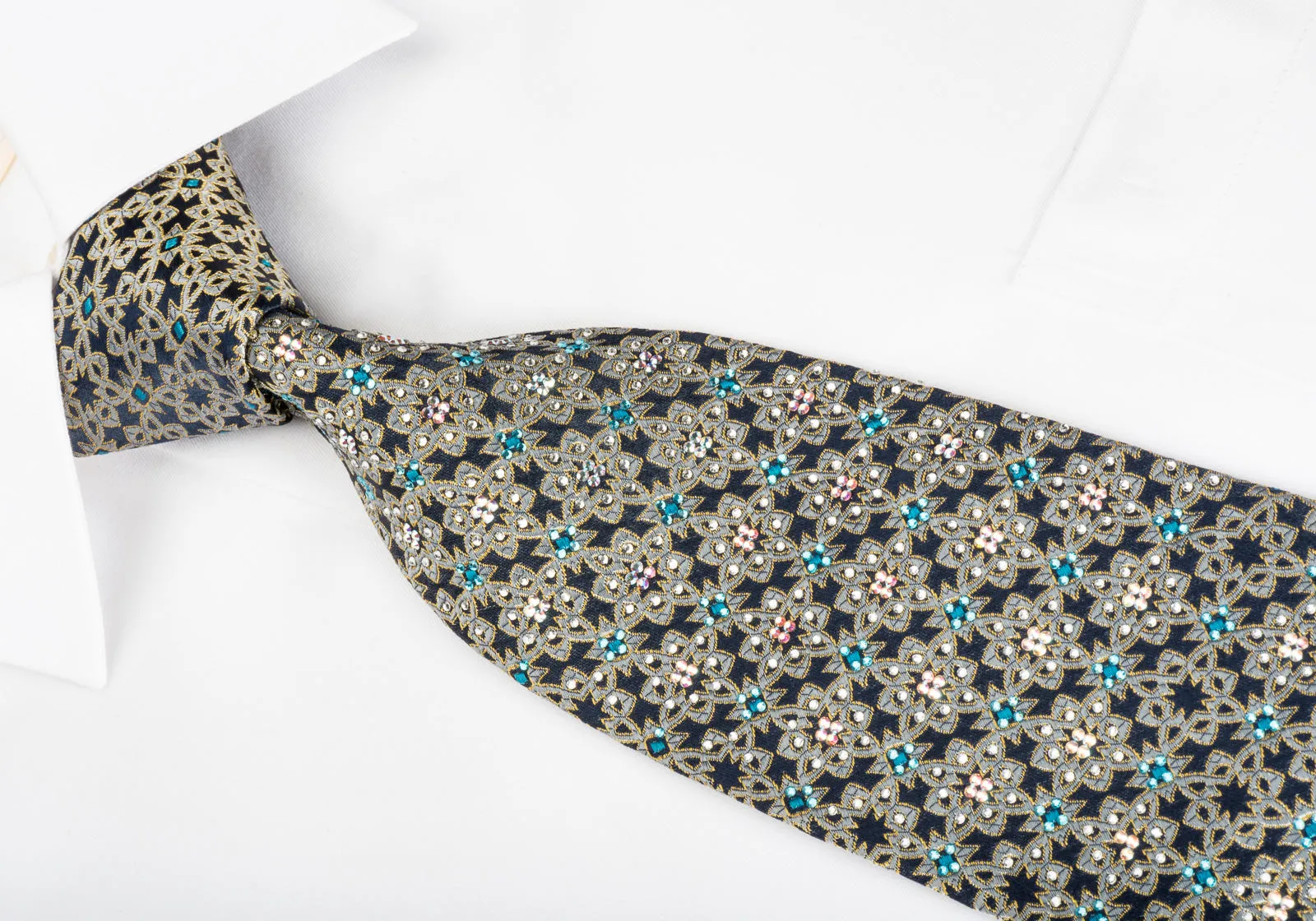 Renoma Rhinestone Silk Necktie Silver Arabesque On Navy With Gold Sparkles