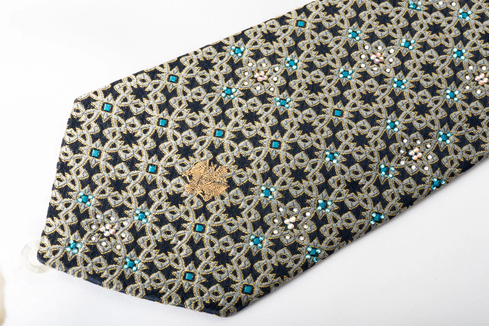 Renoma Rhinestone Silk Necktie Silver Arabesque On Navy With Gold Sparkles