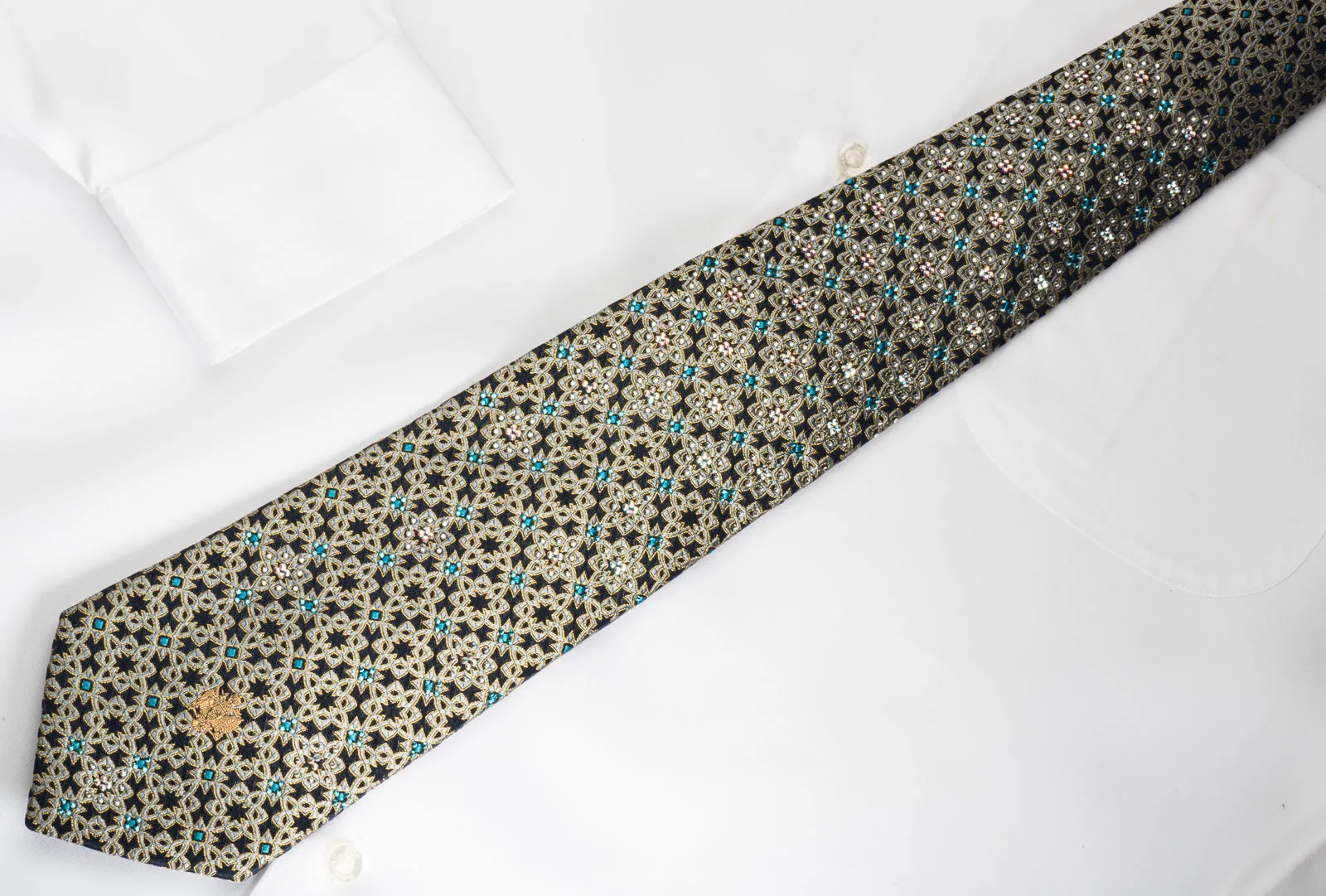 Renoma Rhinestone Silk Necktie Silver Arabesque On Navy With Gold Sparkles