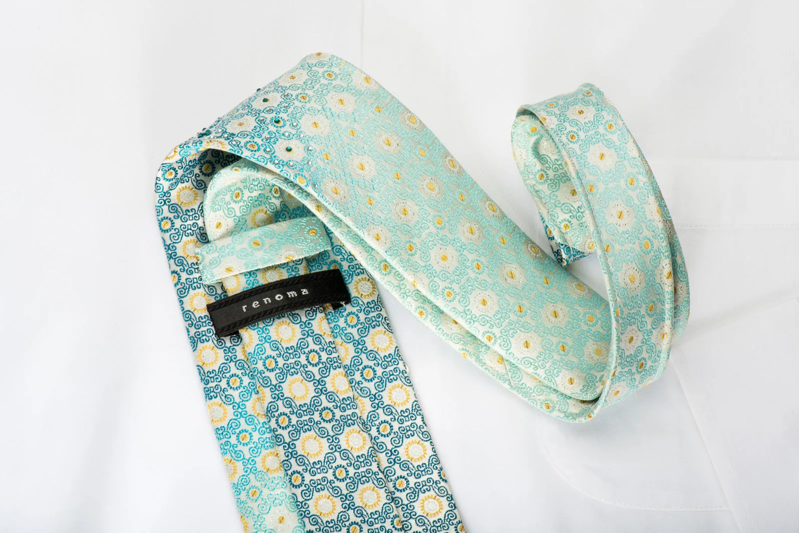 Renoma Rhinestone Silk Necktie Turquoise Gold Cartouche On White With Golden Sparkles