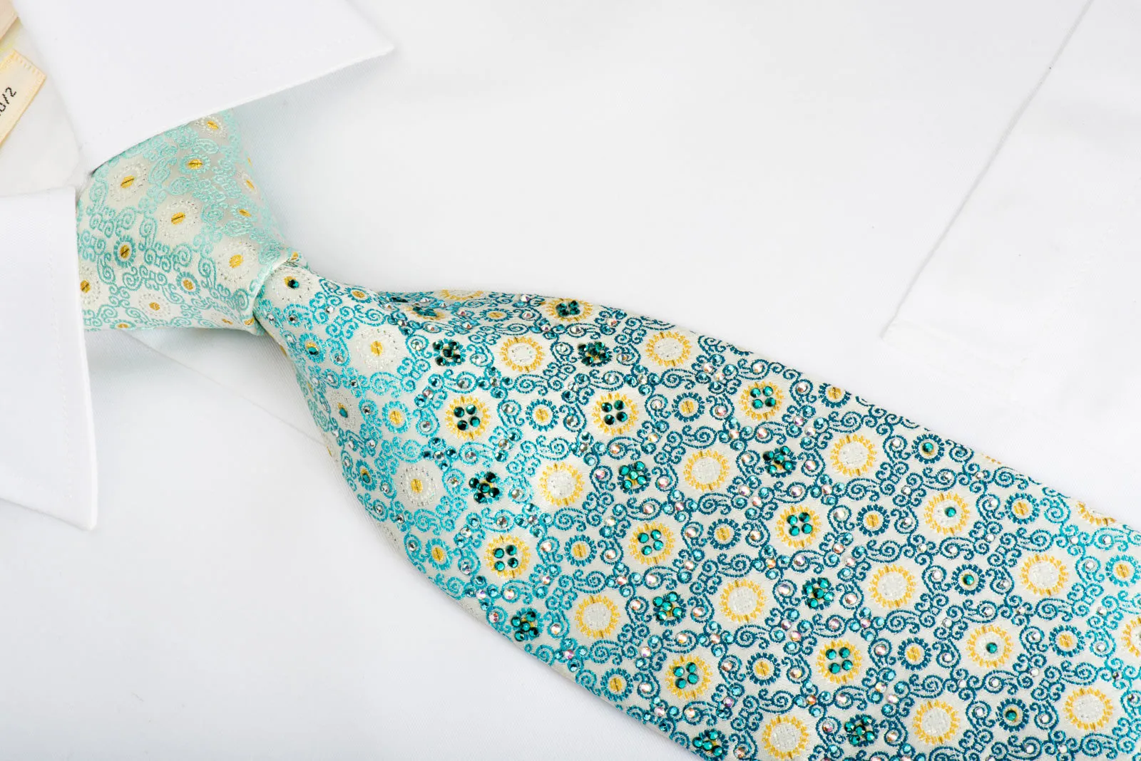 Renoma Rhinestone Silk Necktie Turquoise Gold Cartouche On White With Golden Sparkles
