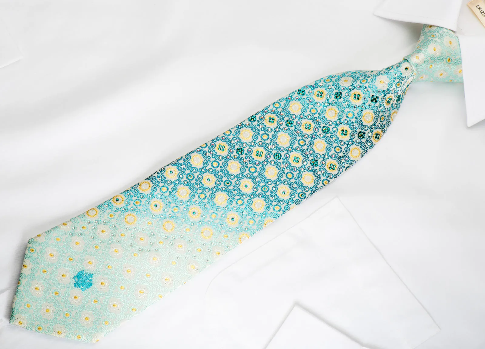 Renoma Rhinestone Silk Necktie Turquoise Gold Cartouche On White With Golden Sparkles