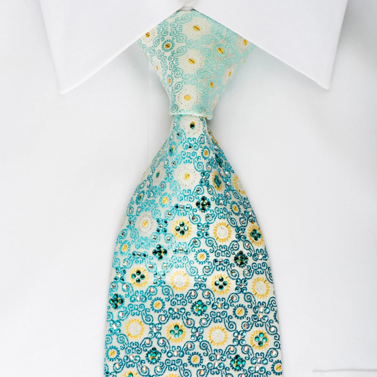 Renoma Rhinestone Silk Necktie Turquoise Gold Cartouche On White With Golden Sparkles