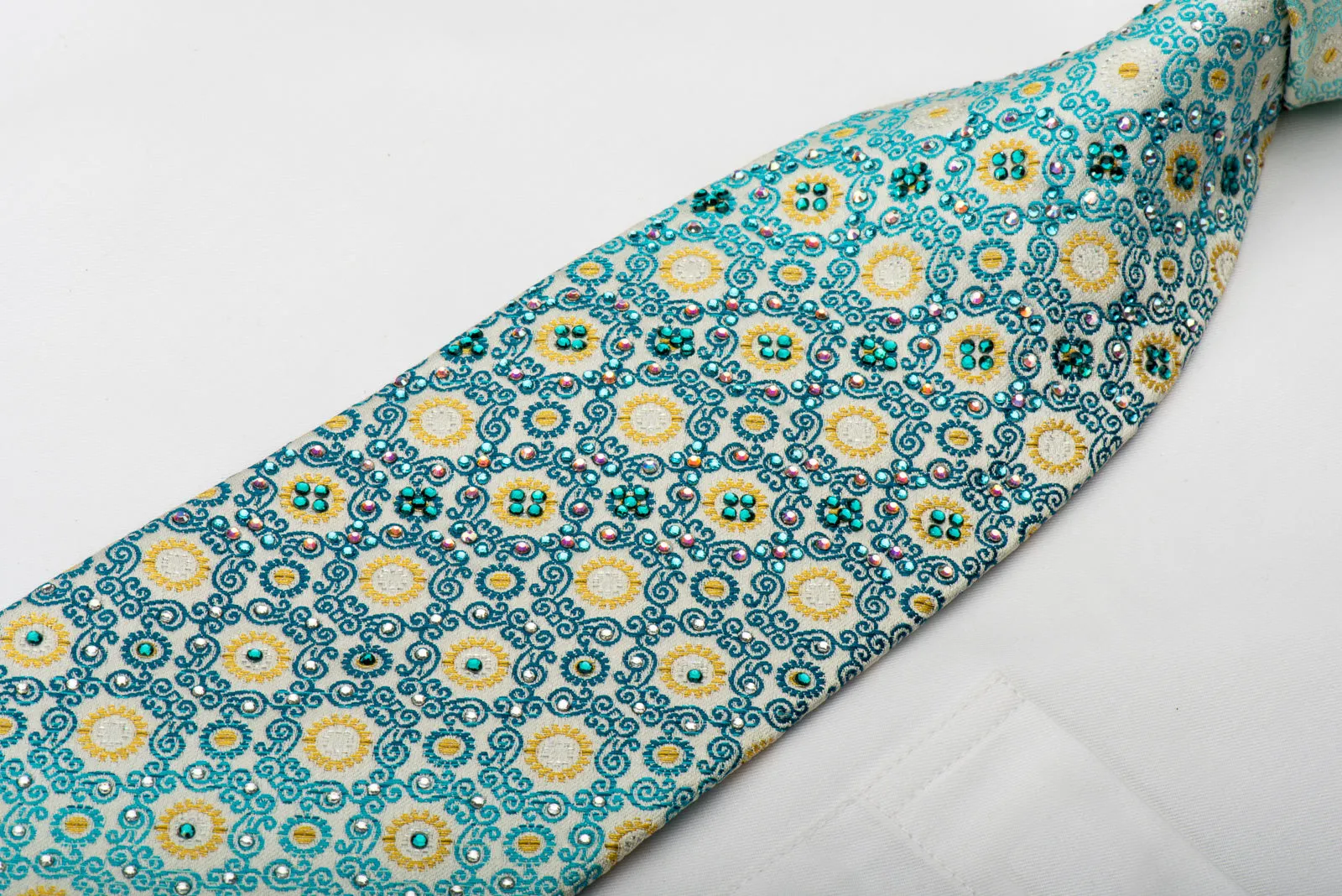Renoma Rhinestone Silk Necktie Turquoise Gold Cartouche On White With Golden Sparkles