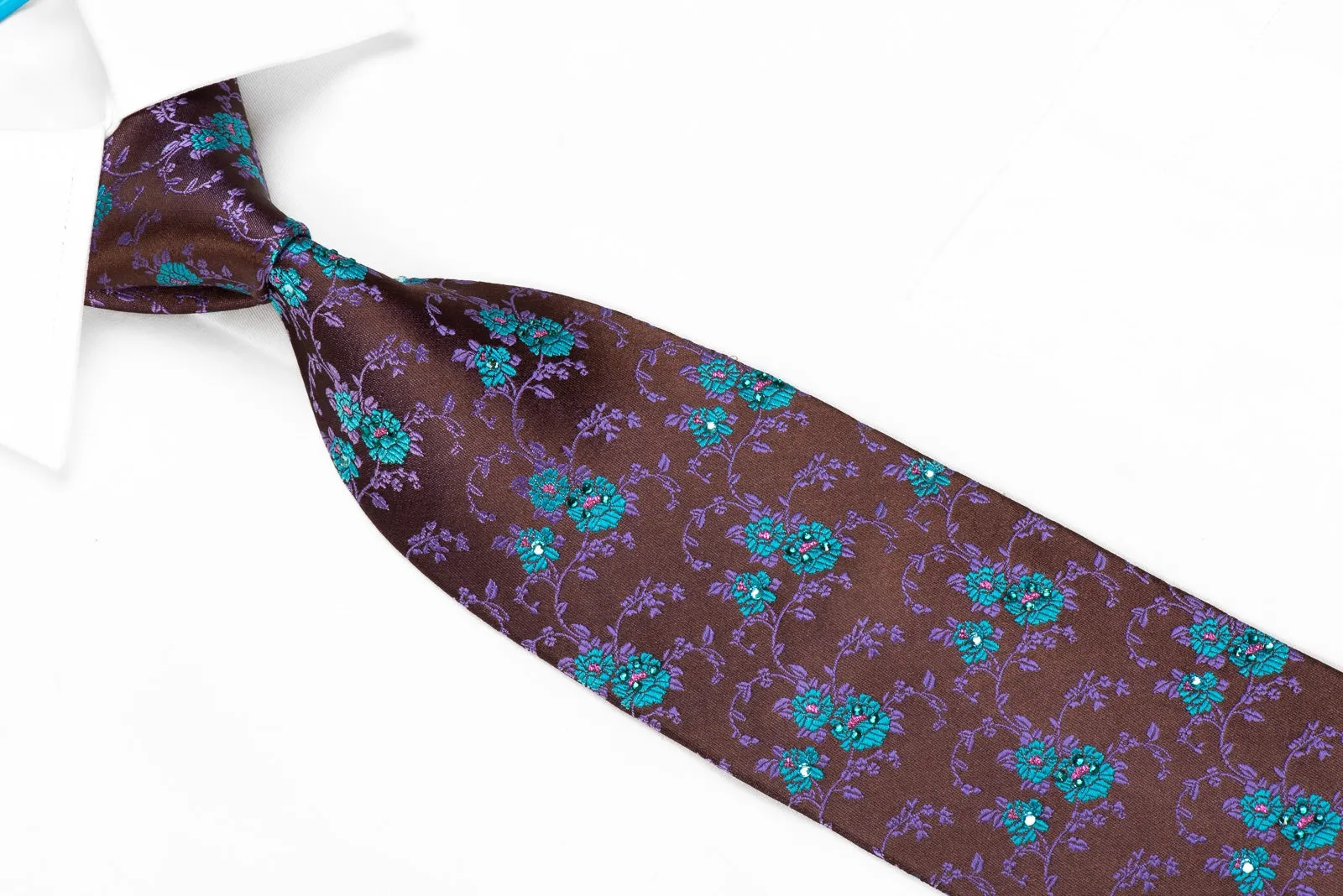 Vigevano Men's Crystal Necktie Blue Floral On Purple Brown With Sparkles