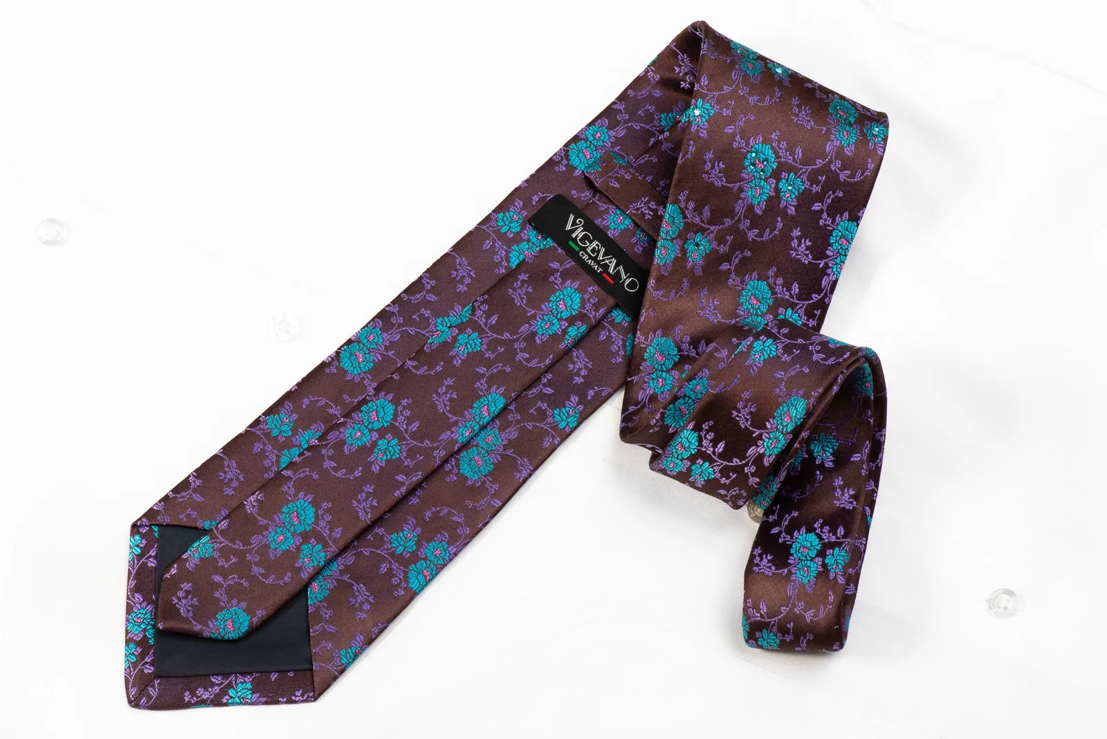 Vigevano Men's Crystal Necktie Blue Floral On Purple Brown With Sparkles
