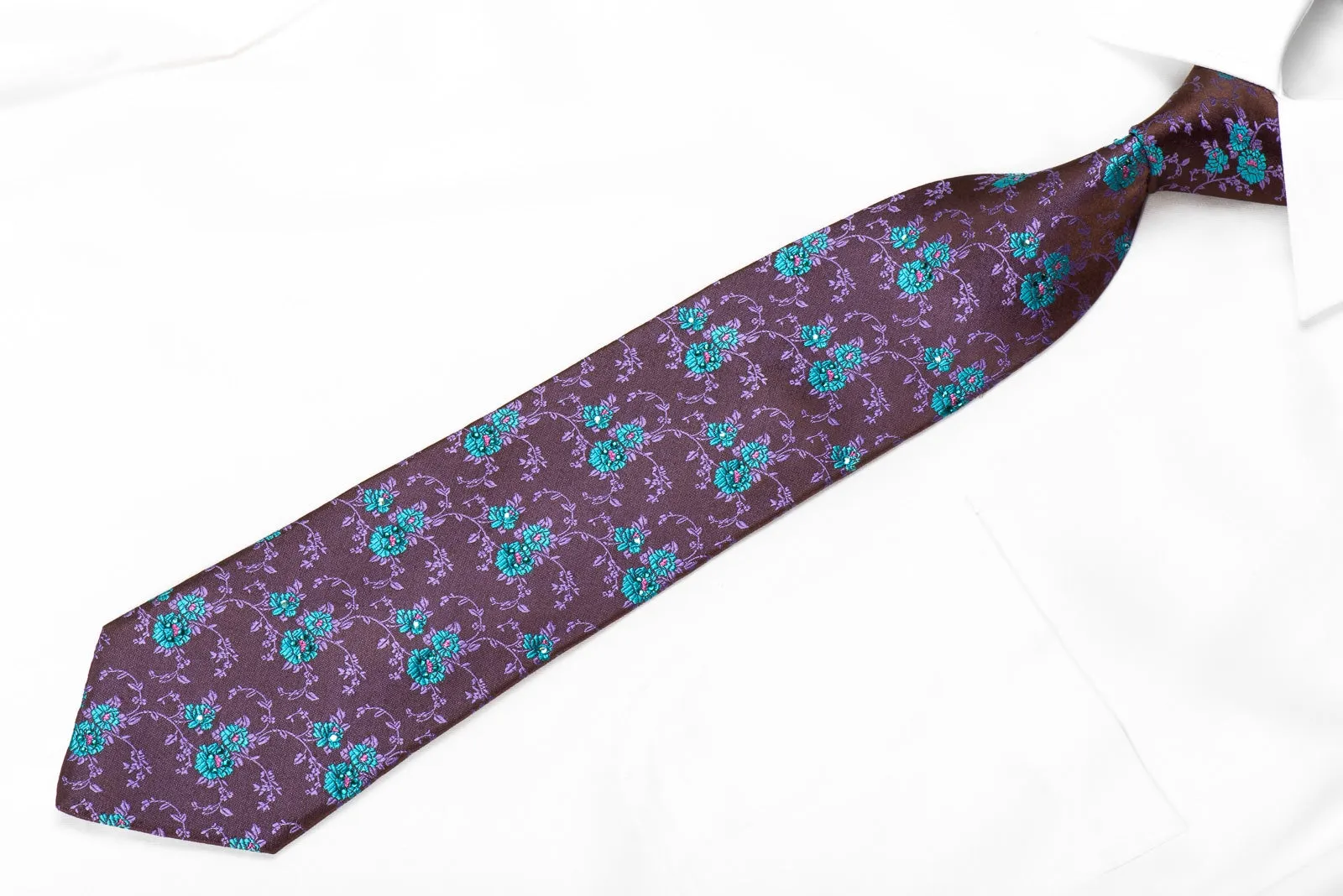 Vigevano Men's Crystal Necktie Blue Floral On Purple Brown With Sparkles